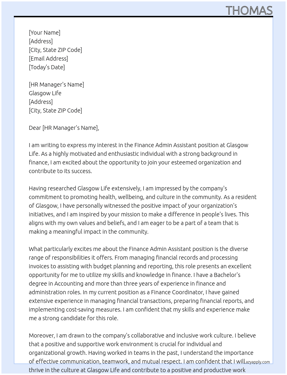 Finance Admin Assistant At Glasgow Life Cover Letter