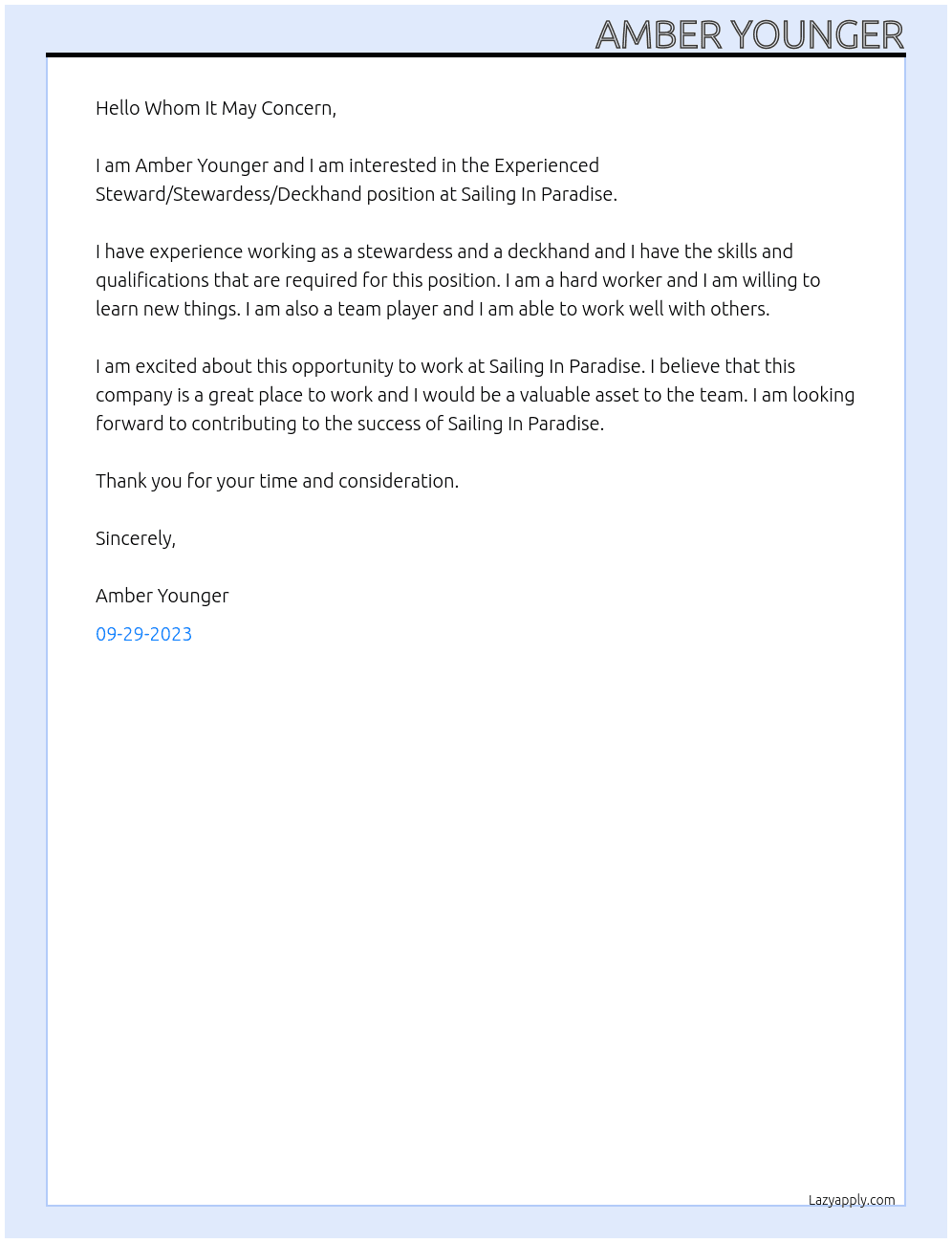 Experienced Steward/Stewardess/Deckhand At Sailing In Paradise Cover Letter