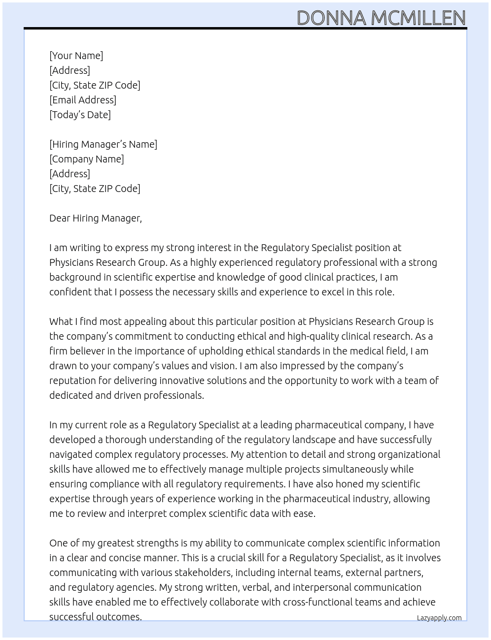 Regulatory Specialist At Physicians Research Group Cover Letter