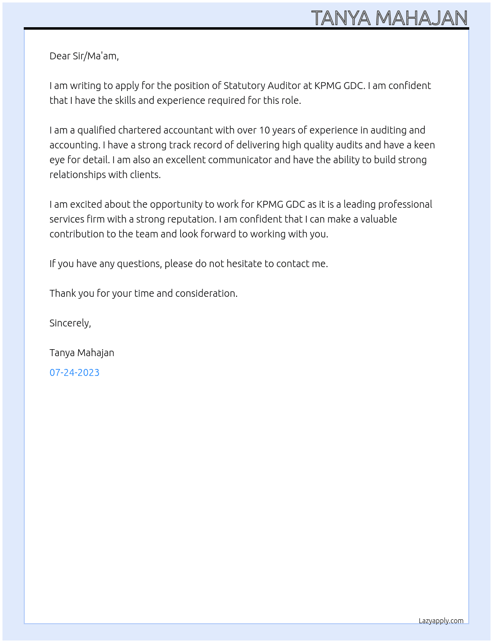 Statutory Auditor At KPMG GDC Cover Letter