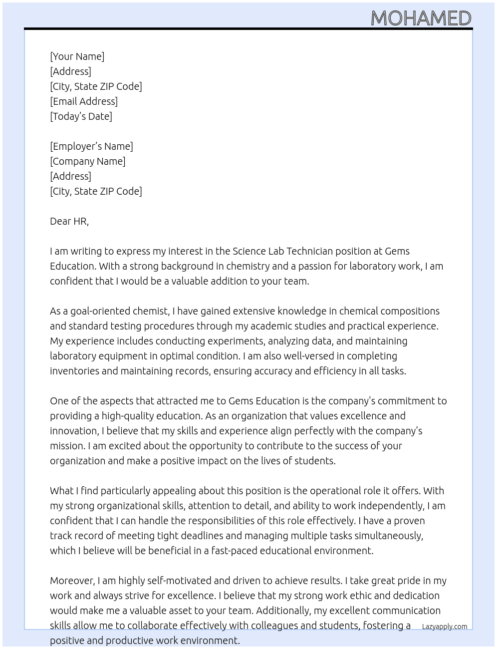 Science Lab Technician  At Gems Education Cover Letter