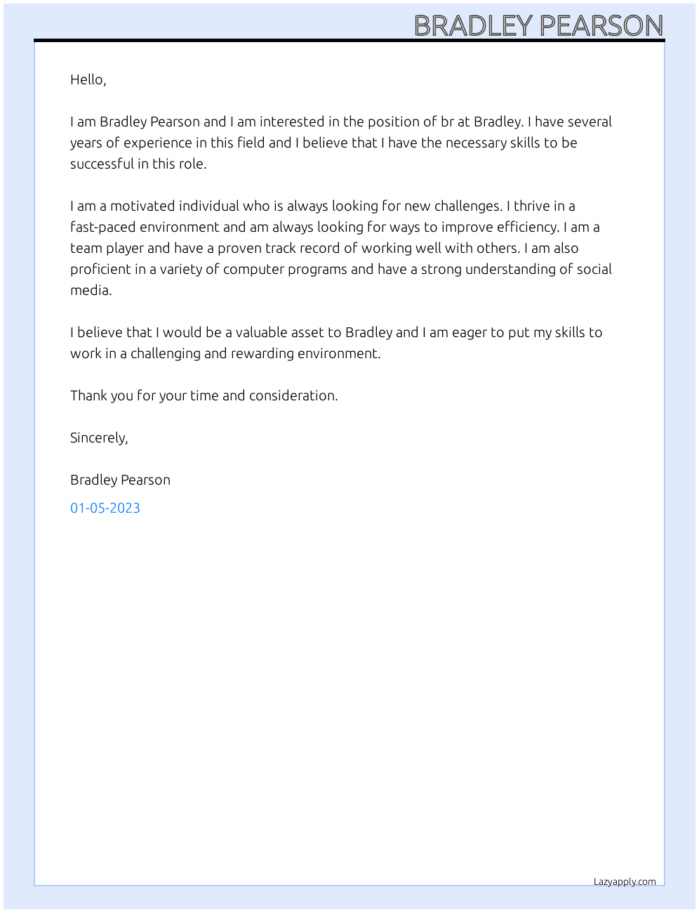br At Bradley Cover Letter
