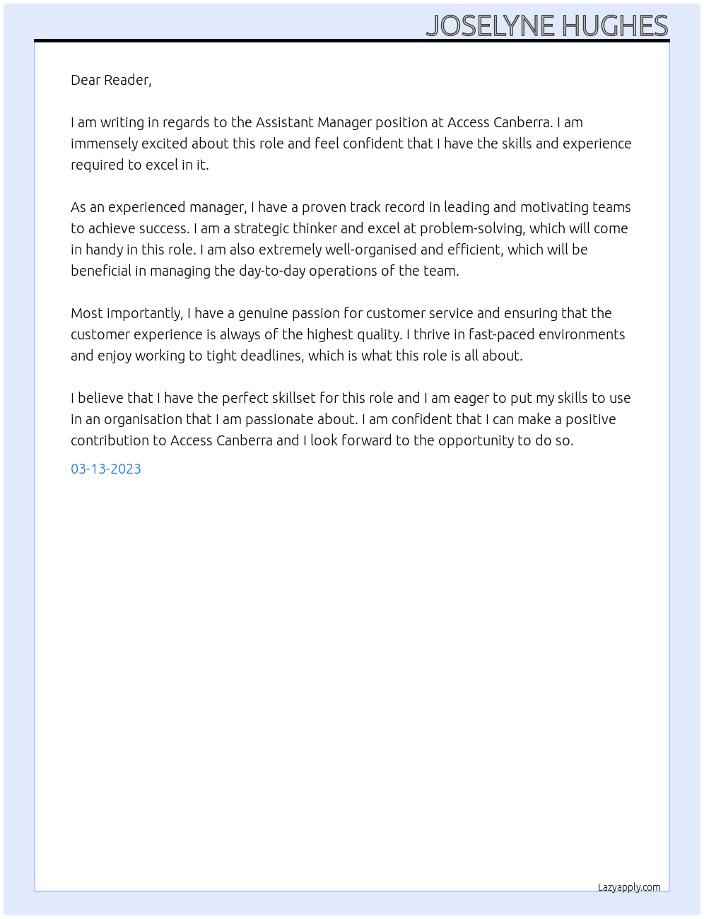 Assistant Manager At Access Canberra Cover Letter