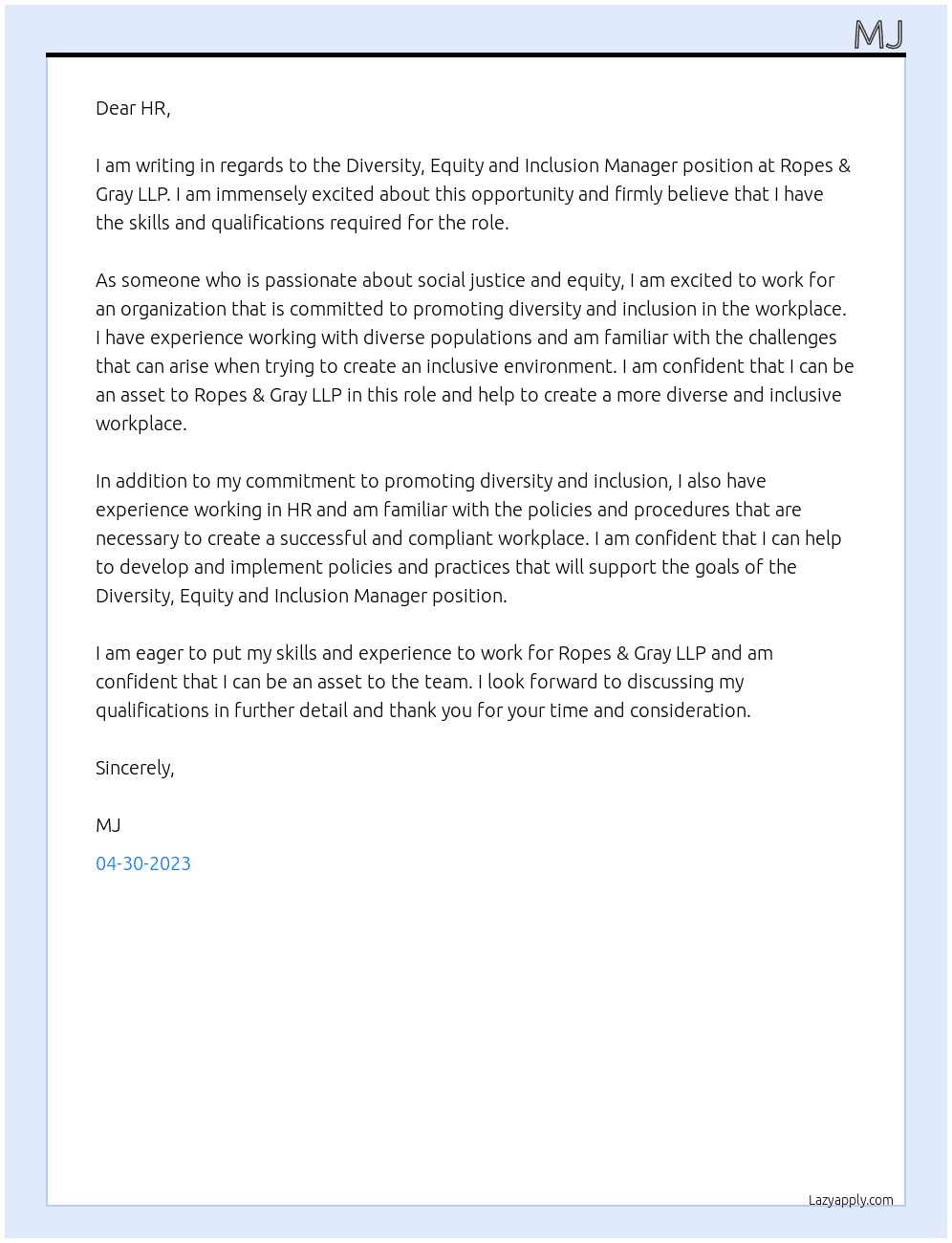 Diversity, Equity and Inclusion Manager At Ropes & Gray LLP  Cover Letter