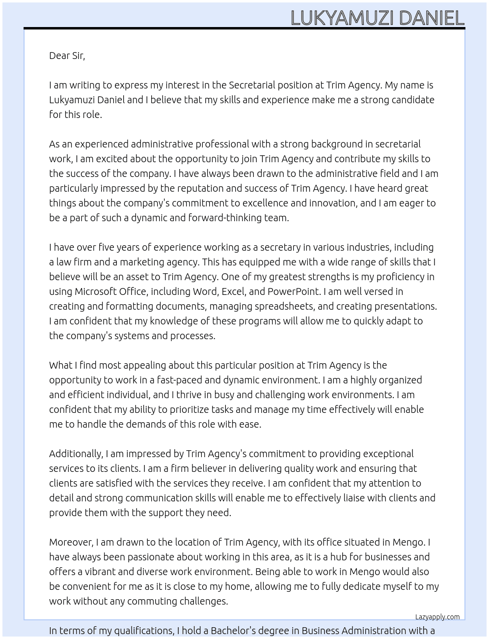 Secretarial  At Trim Agency  Cover Letter