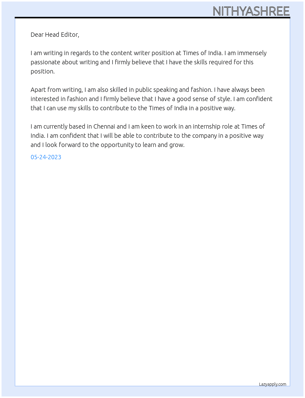 Content writer At Times of India Cover Letter