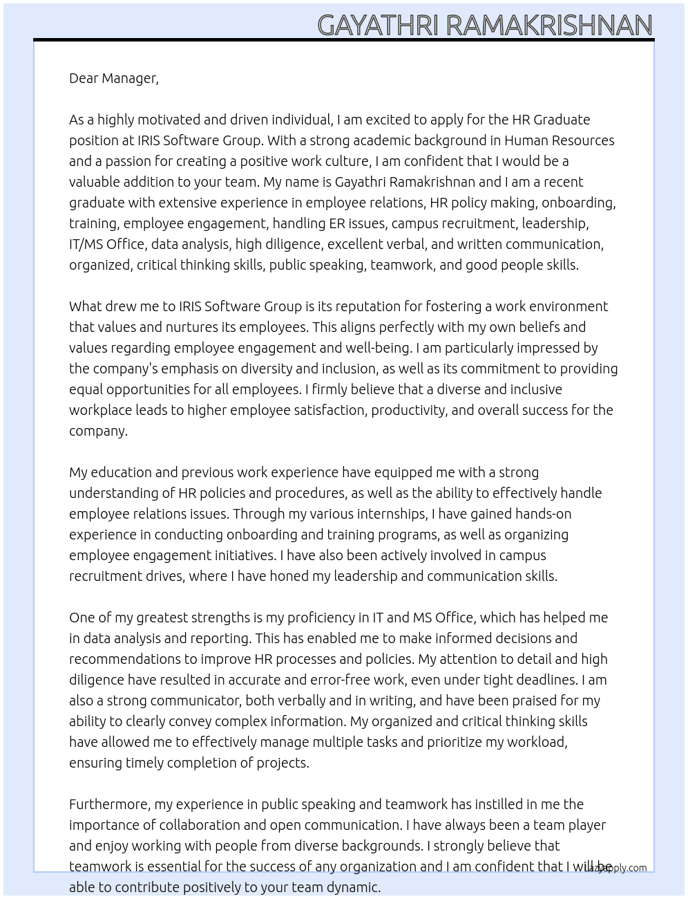 HR graduate At IRIS software group Cover Letter