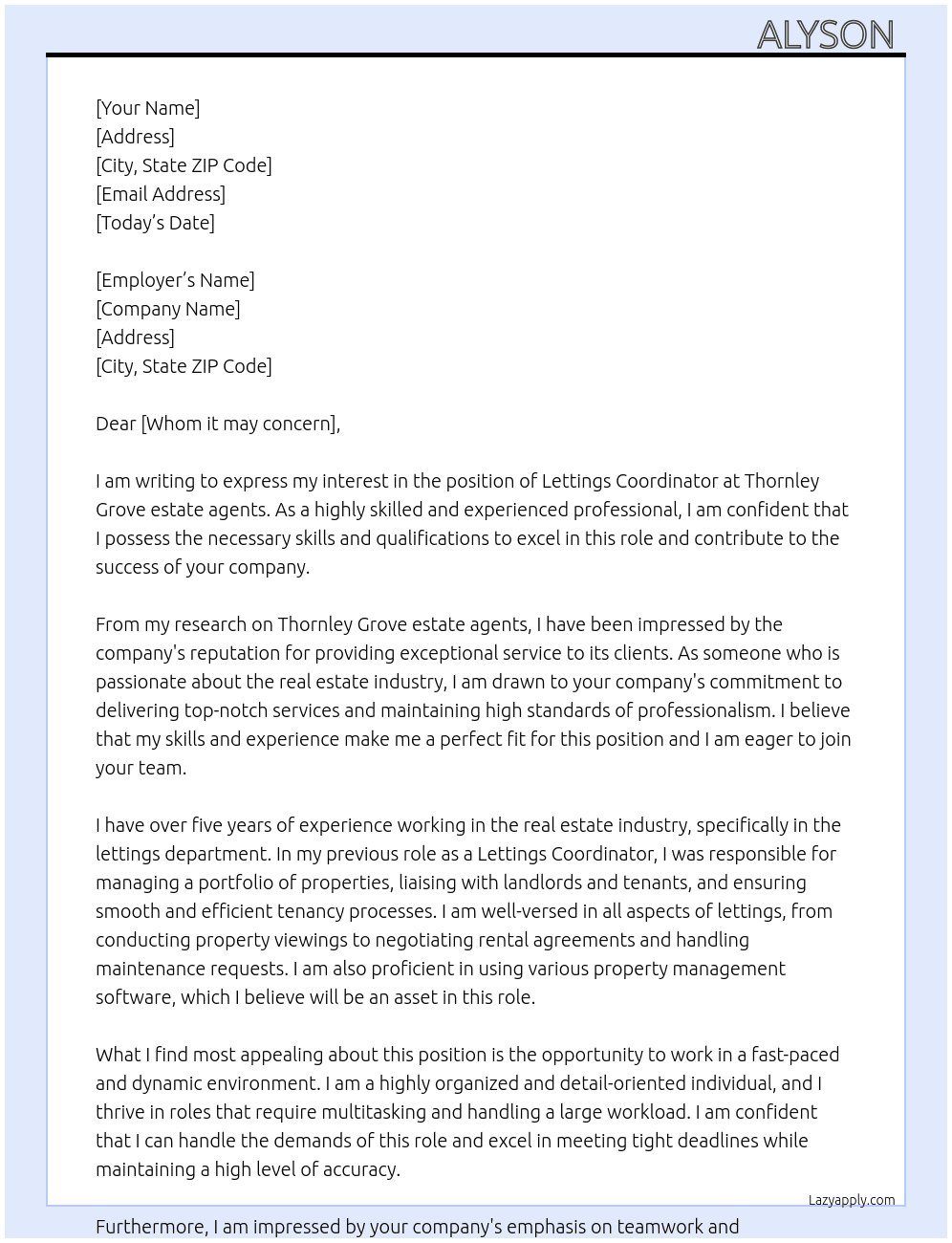 lettings coordinator At Thornley Grove estate agents Cover Letter