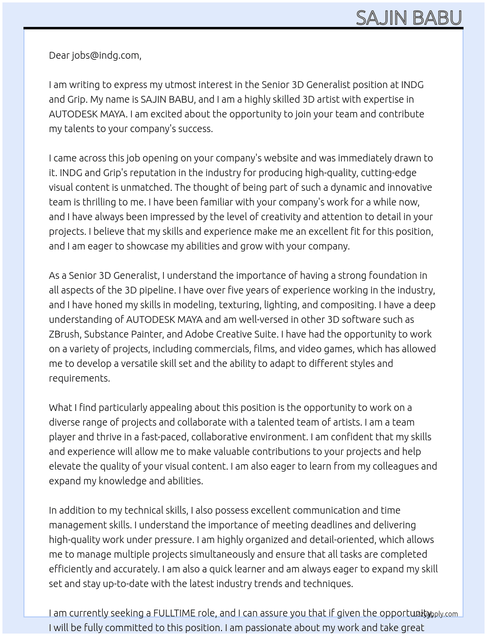 Senior 3D Generalist At INDG and Grip Cover Letter