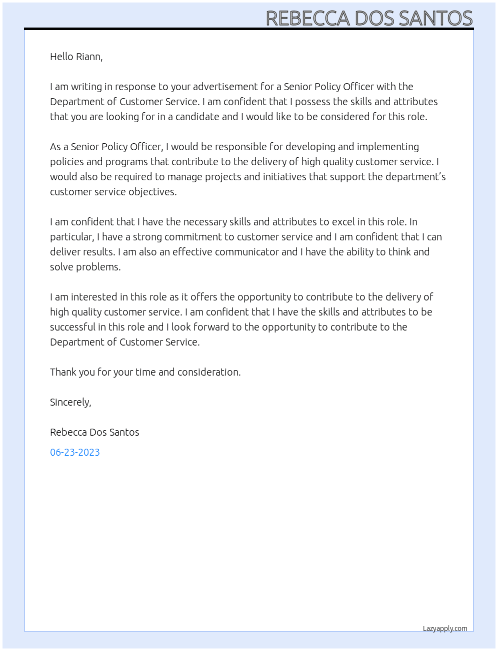 Senior Policy Officer At Department of Customer Service Cover Letter
