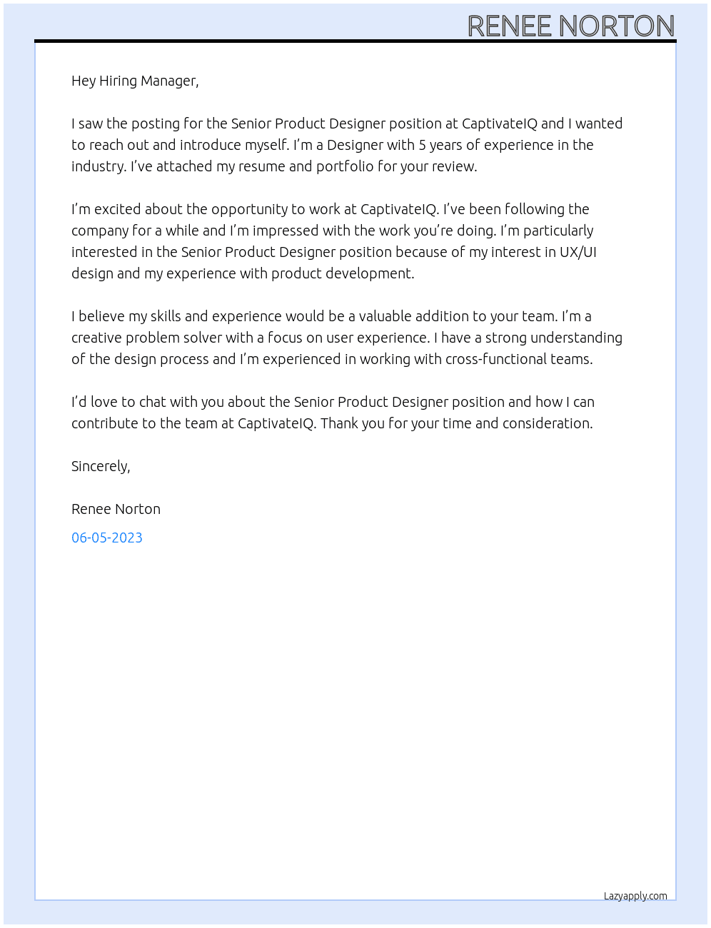 Senior Product Designer At CaptivateIQ Cover Letter