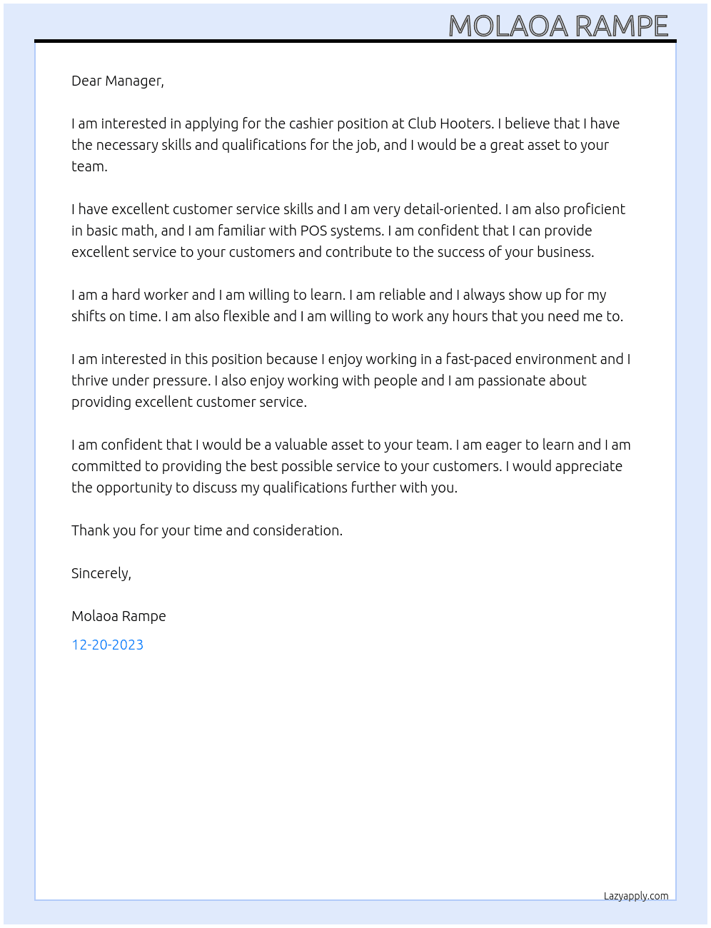 Cashier At Club Hooters Cover Letter