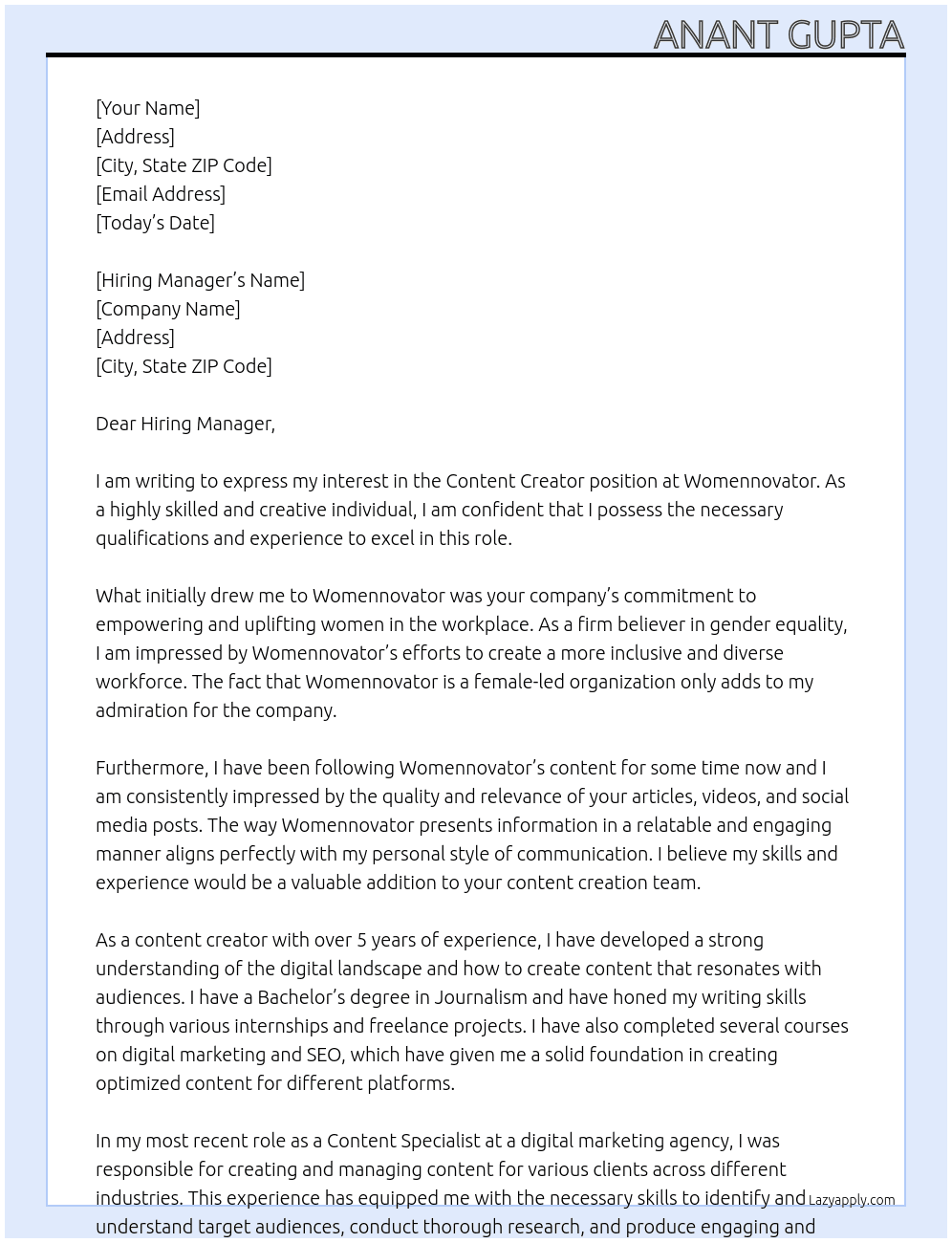Content Creator At Womennovator Cover Letter