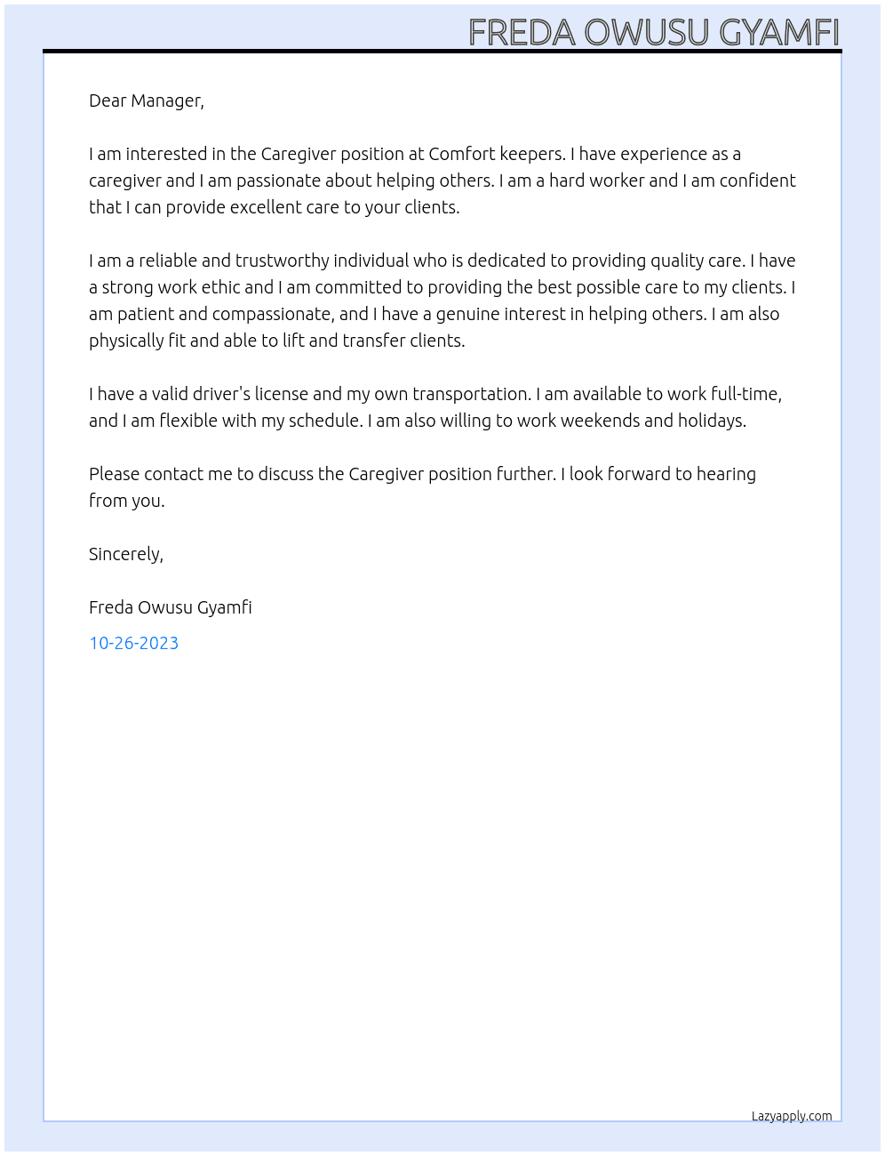 Caregiver At Comfort keepers Cover Letter
