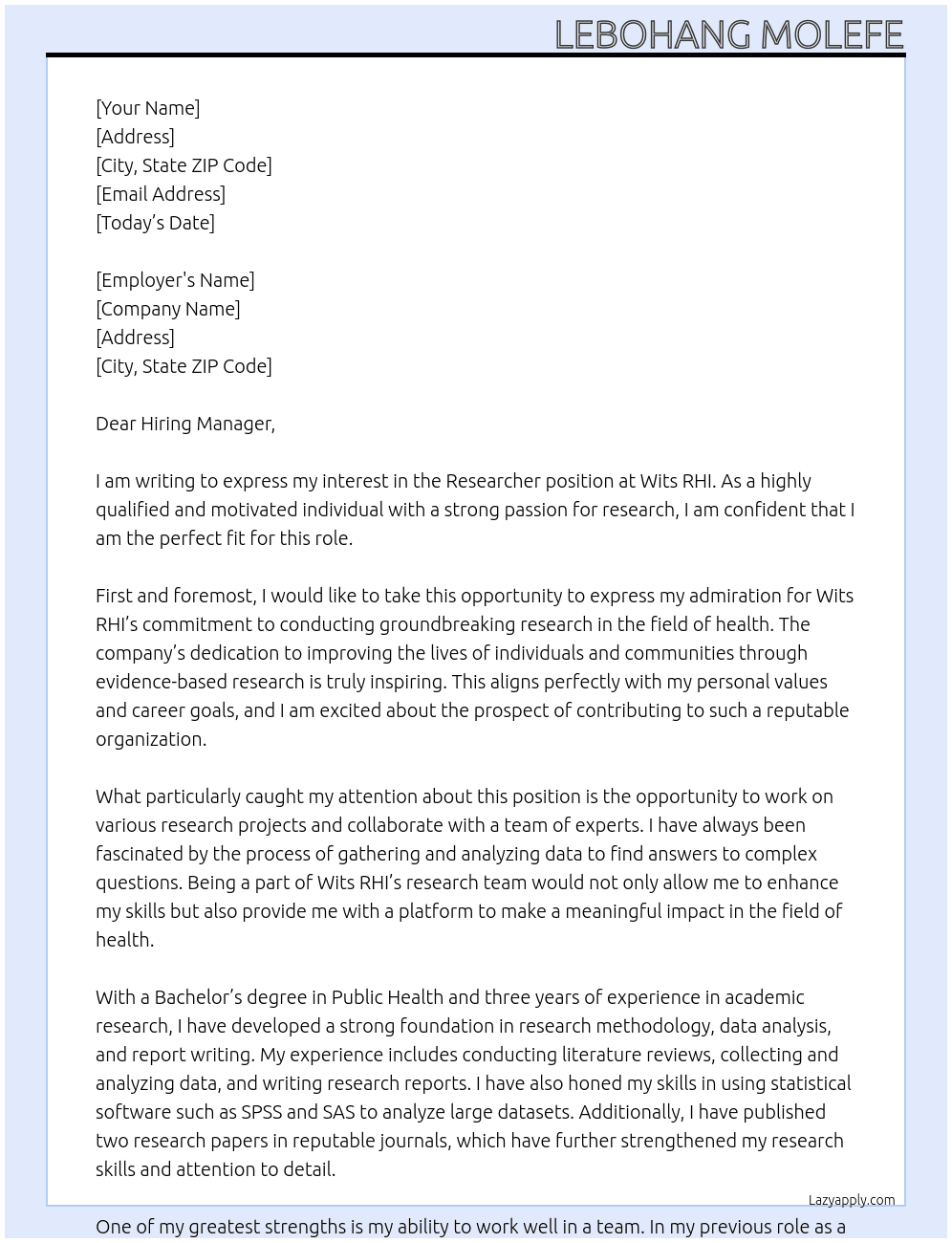 Reseacher  At Wits RHI Cover Letter