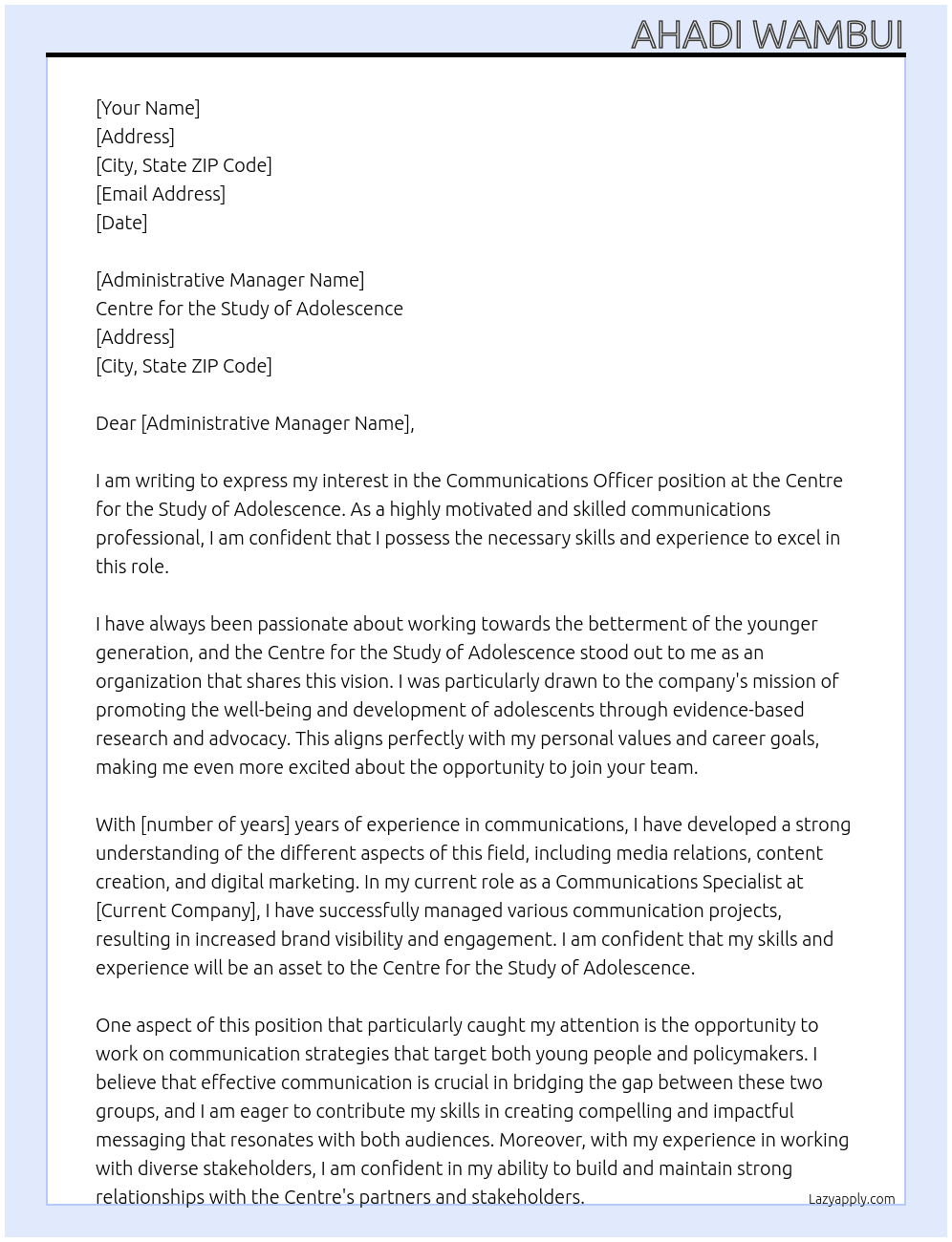 Communications Officer At Centre for the Study of Adolescence Cover Letter
