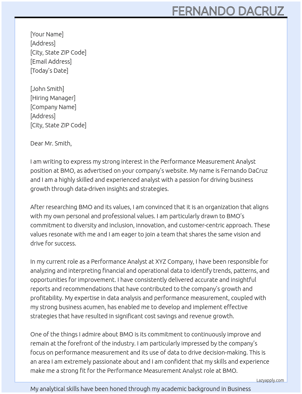 Performance Measurement Analyst  At BMO Cover Letter