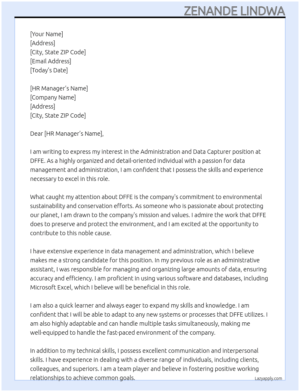 Administration and Data Capturer At DFFE Cover Letter