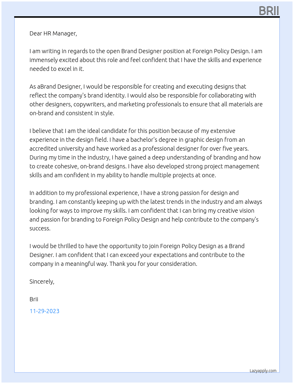 Brand Designer At Foreign Policy Design Cover Letter