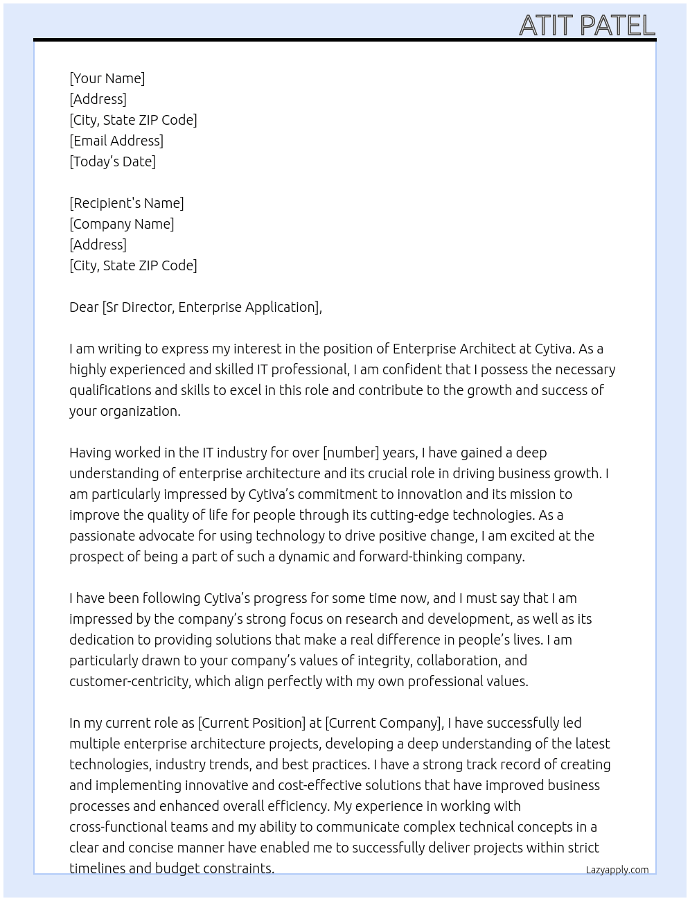 Enterprise Architect At Cytiva Cover Letter