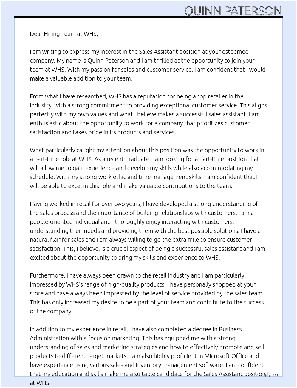 Sales Assistant At WHS Cover Letter