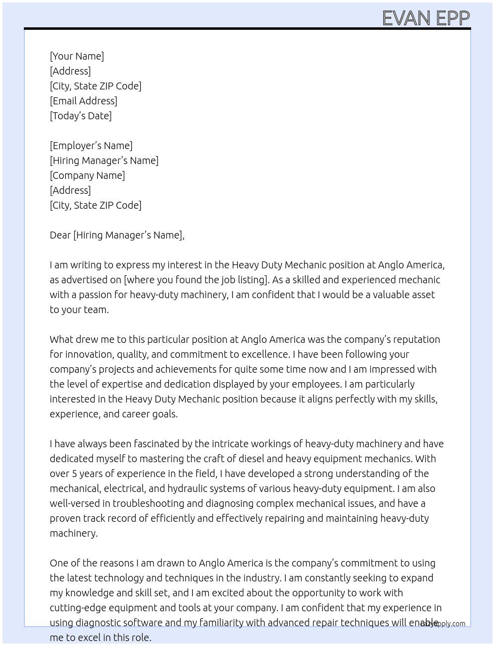 Heavy Duty Mechanic At Anglo America Cover Letter