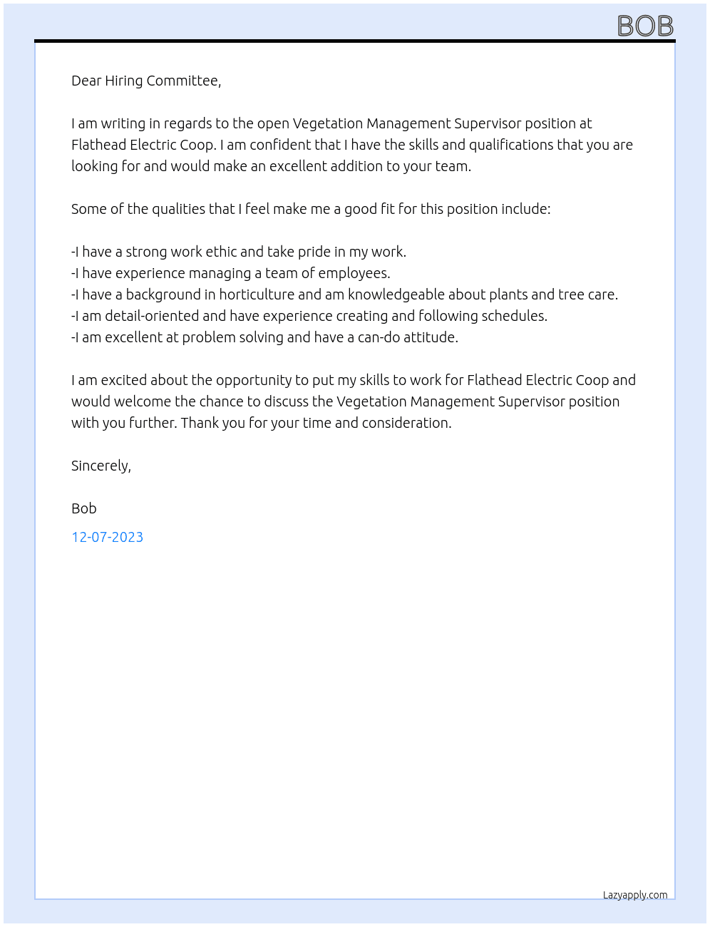 Vegetation Management Supervisor At Flathead Electic Coop Cover Letter