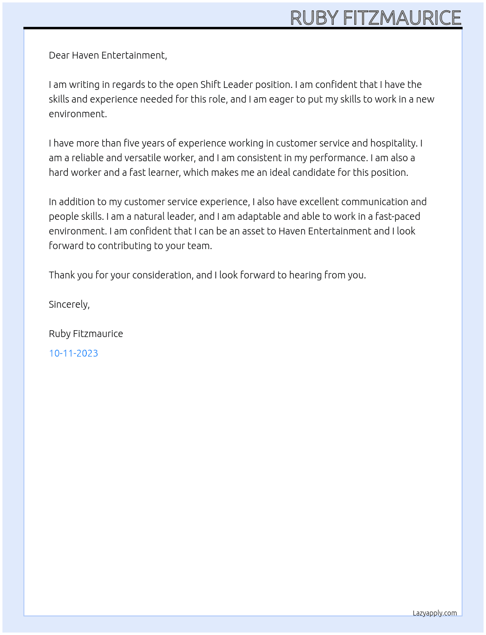 Shift Leader At Haven Cover Letter