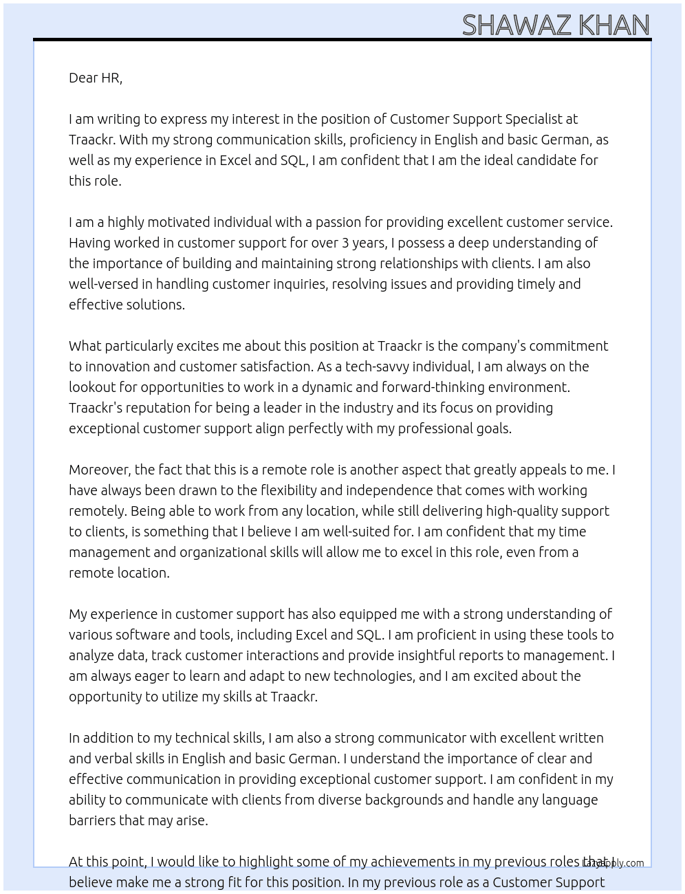 customer support specialist At traackr Cover Letter