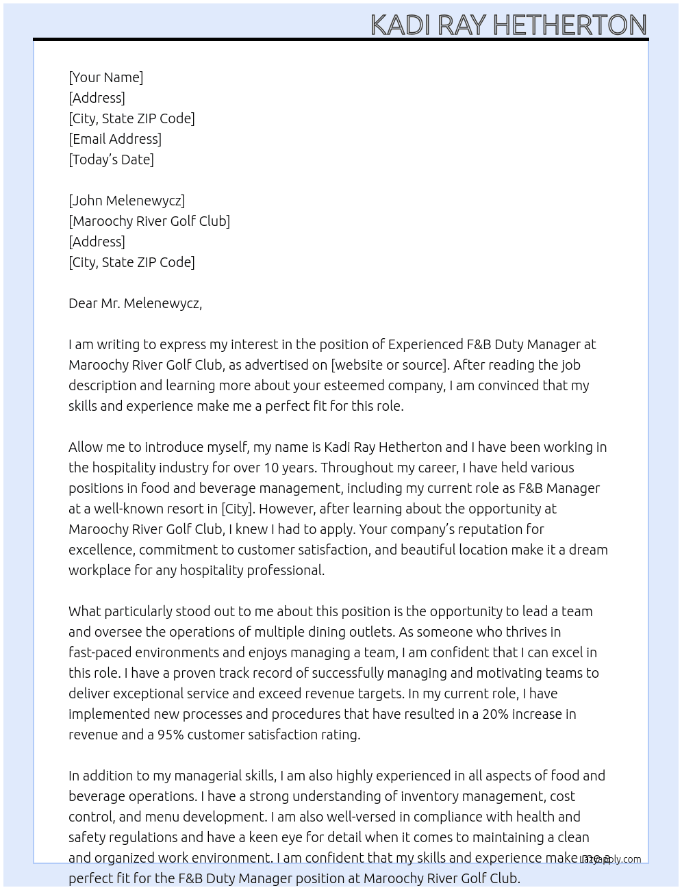 Experienced F&B Duty Manager At Maroochy River Golf Club Cover Letter