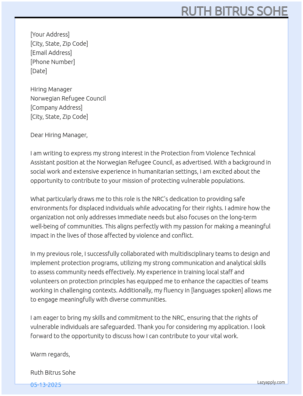 Protection from violence technical assistant At Norwegian Refugee Council Cover Letter