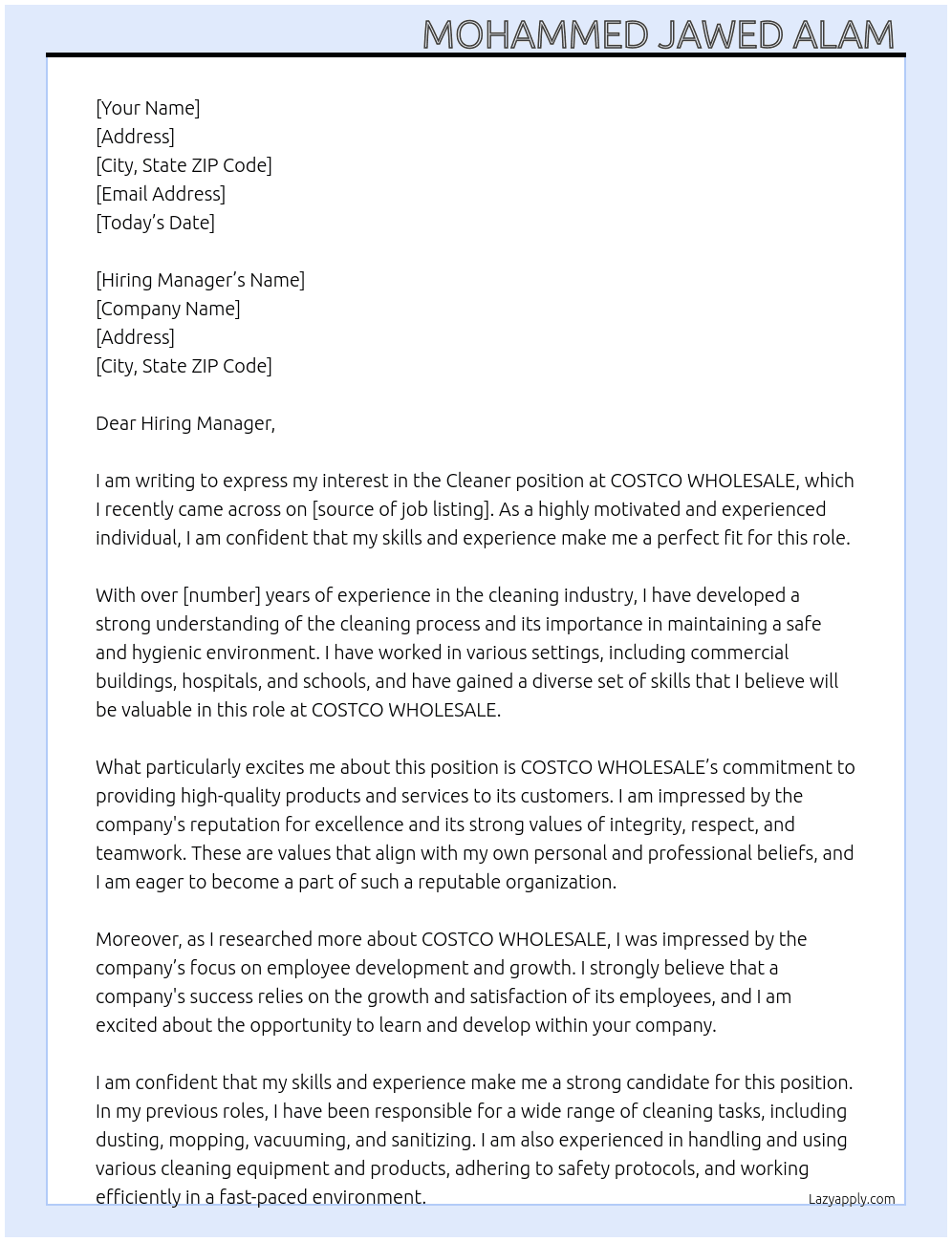 Cleaner  At COSTCO  WHOLESALE  Cover Letter