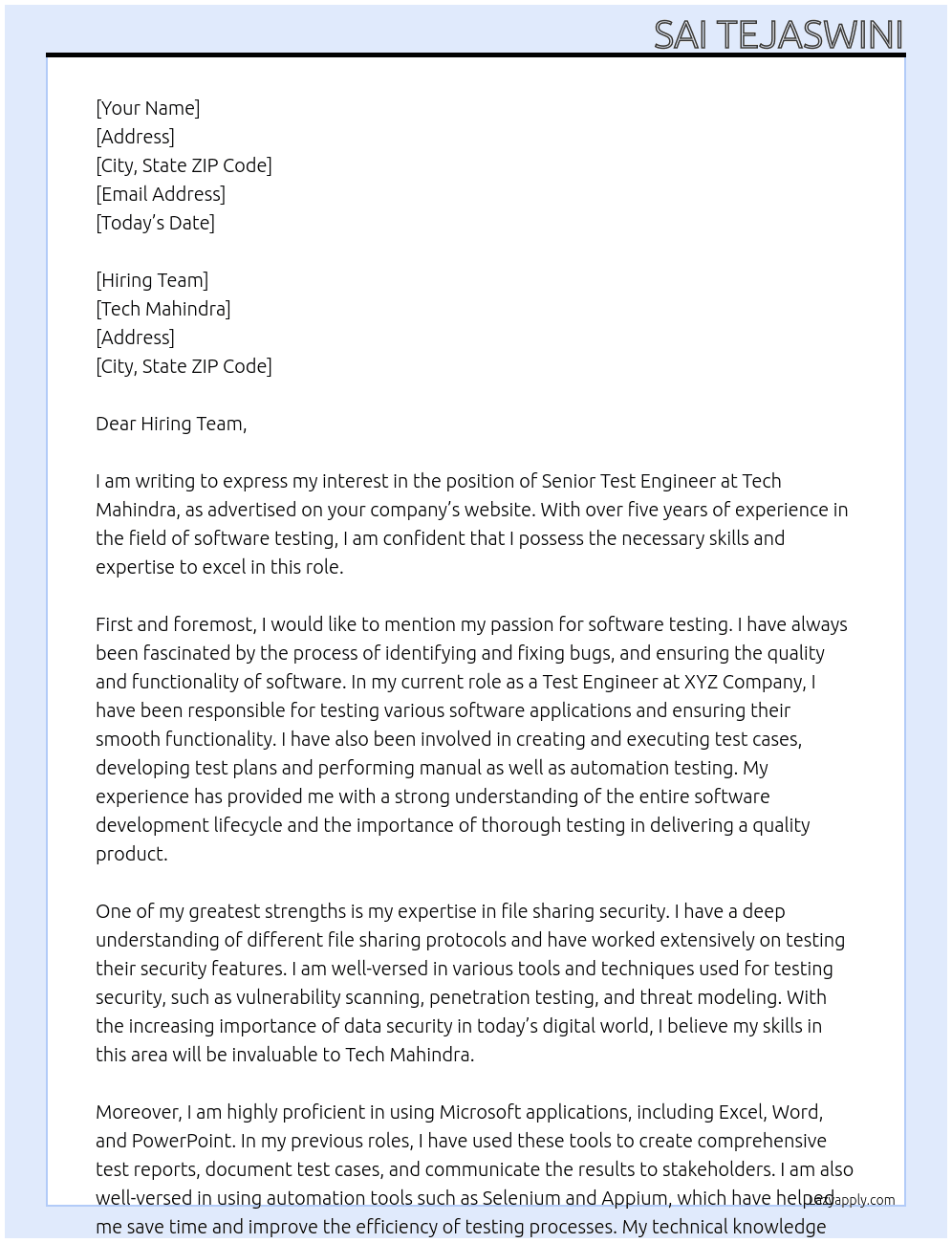 Senior test engineer At Tech Mahindra Cover Letter