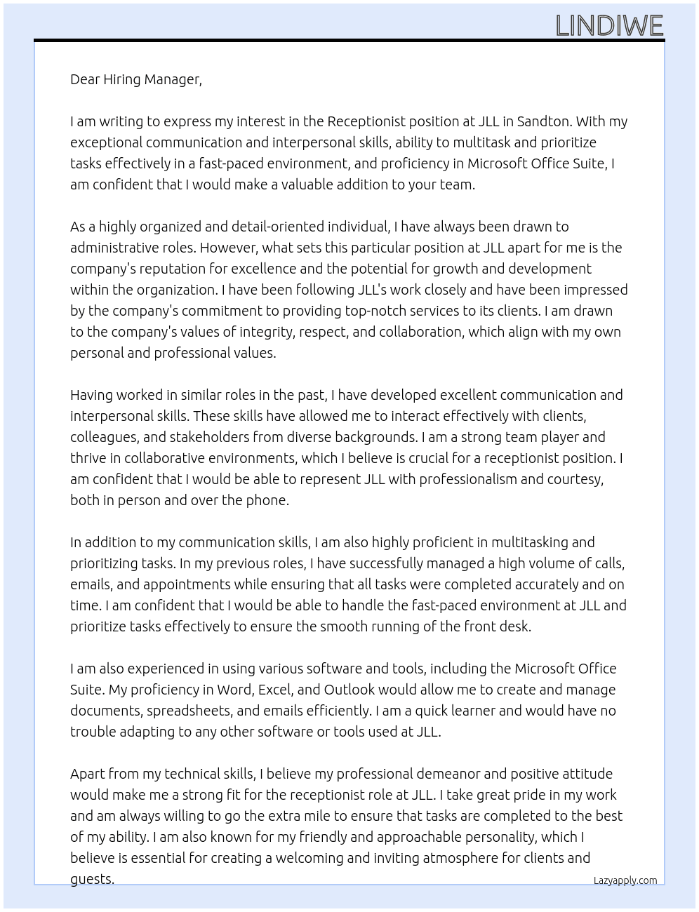Receptionist At JLL  Cover Letter