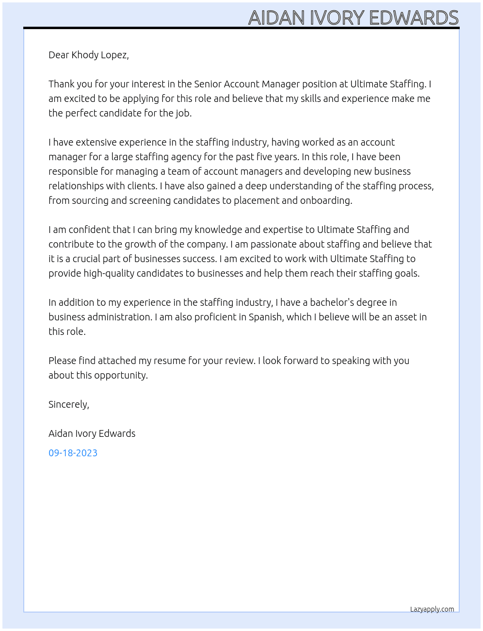 Senior Account Manager At Ultimate Staffing Cover Letter