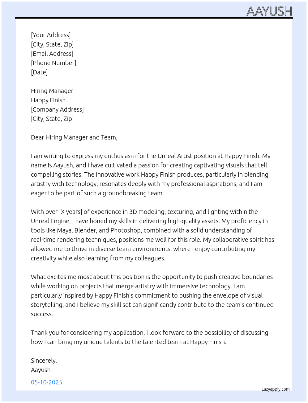 Unreal Artsit At Happy Finish Cover Letter