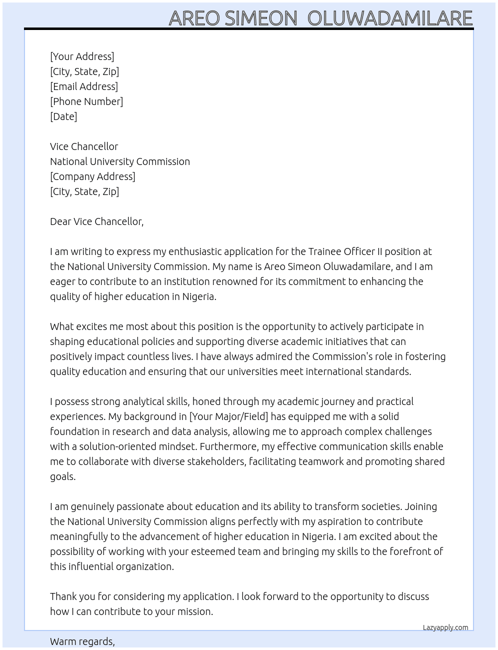 Trainee officer II At National university commission  Cover Letter