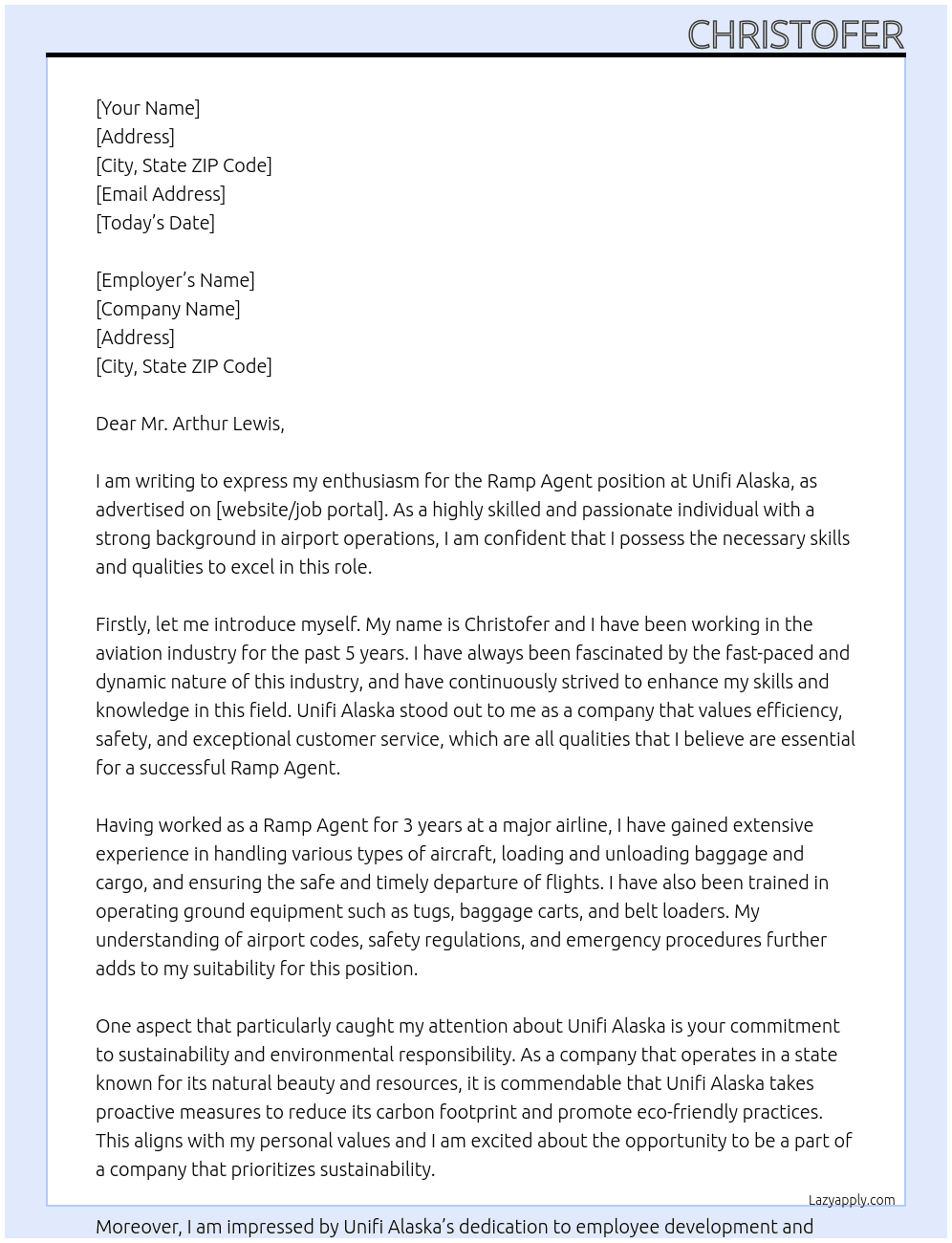Ramp Agent At Unifi Alaska Cover Letter