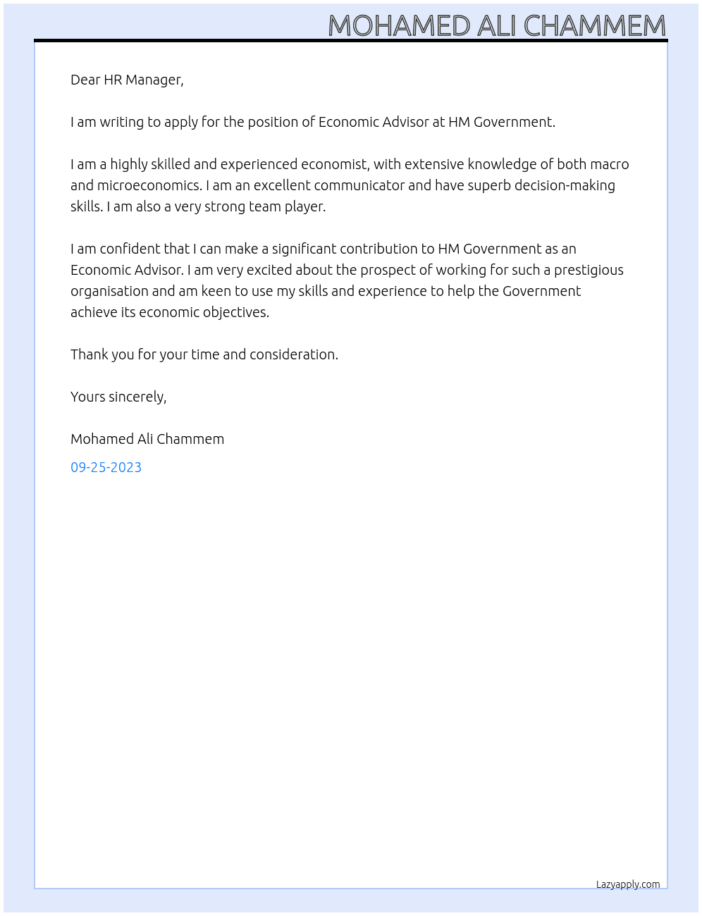 Economic Advisor  At HM Government  Cover Letter