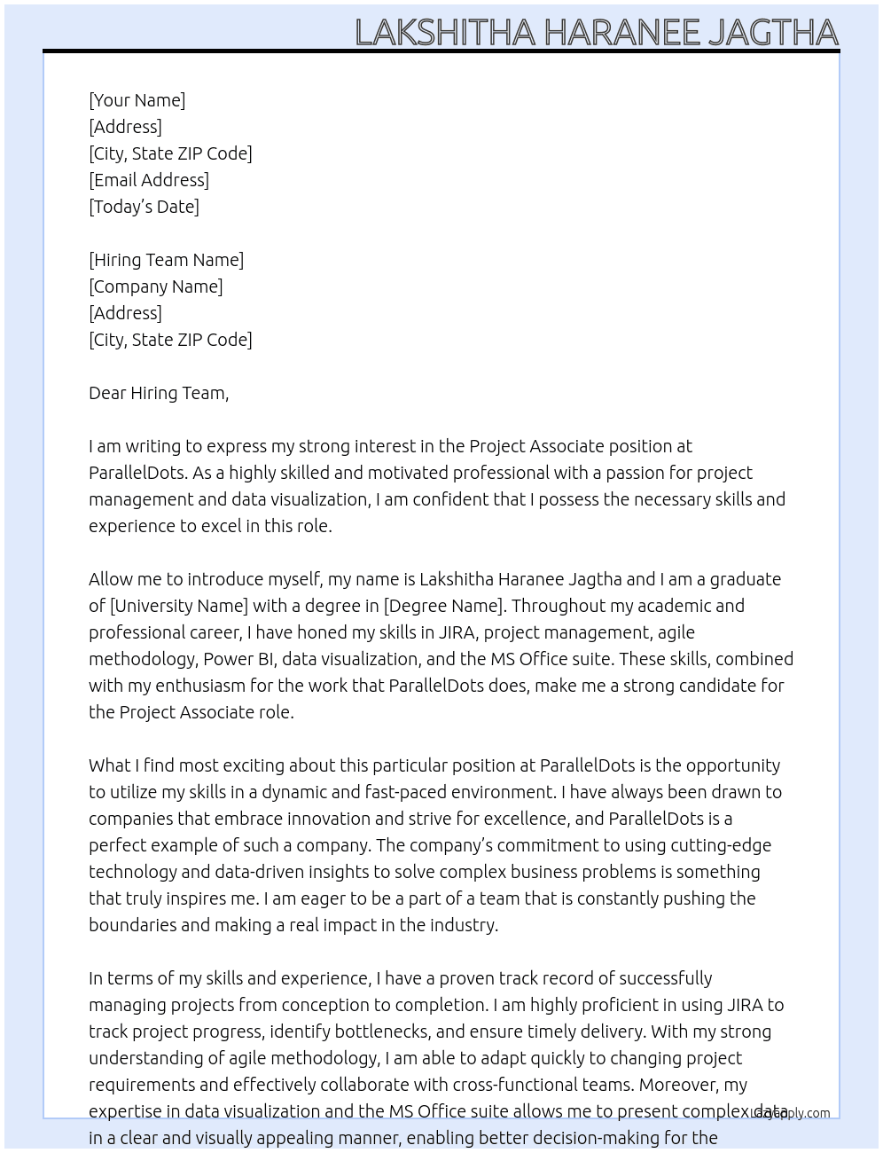 project Associate  At ParallelDots Cover Letter