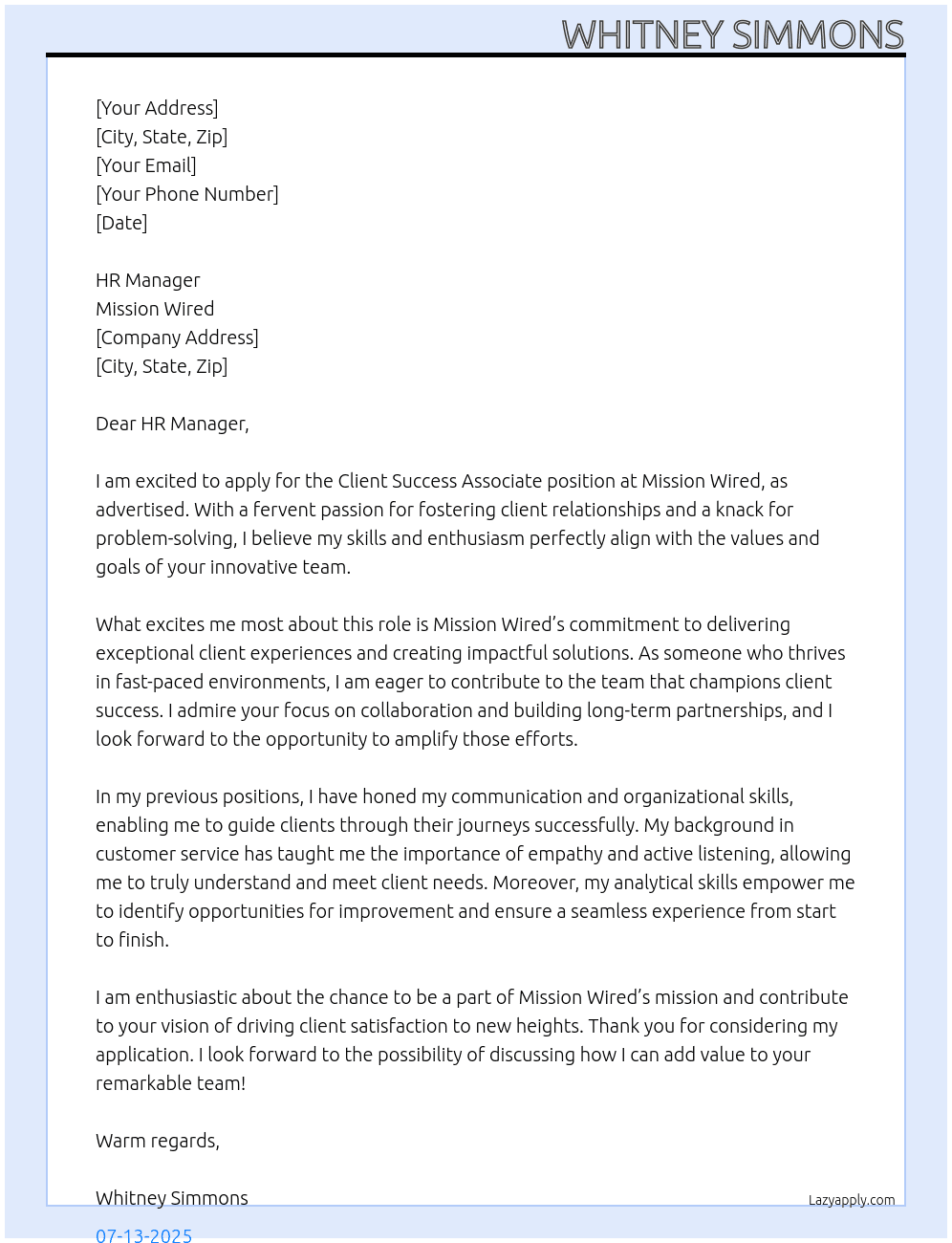Client Success Associate At Mission Wired Cover Letter