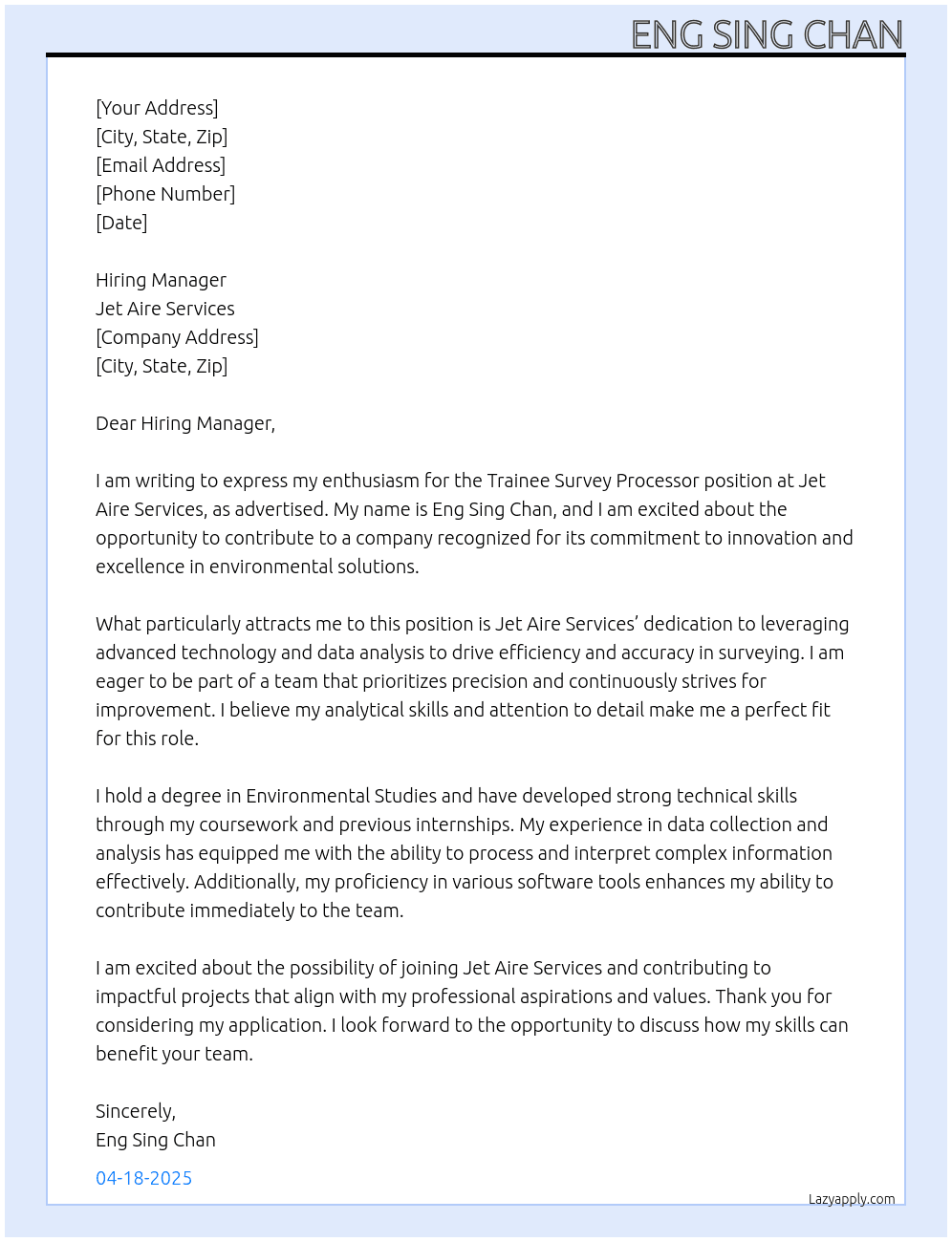 Cover letter for trainee survey processor - LazyApply