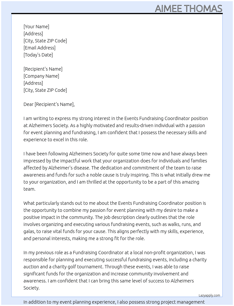 Events Fundraising Coordinator At Alzheimers Society Cover Letter