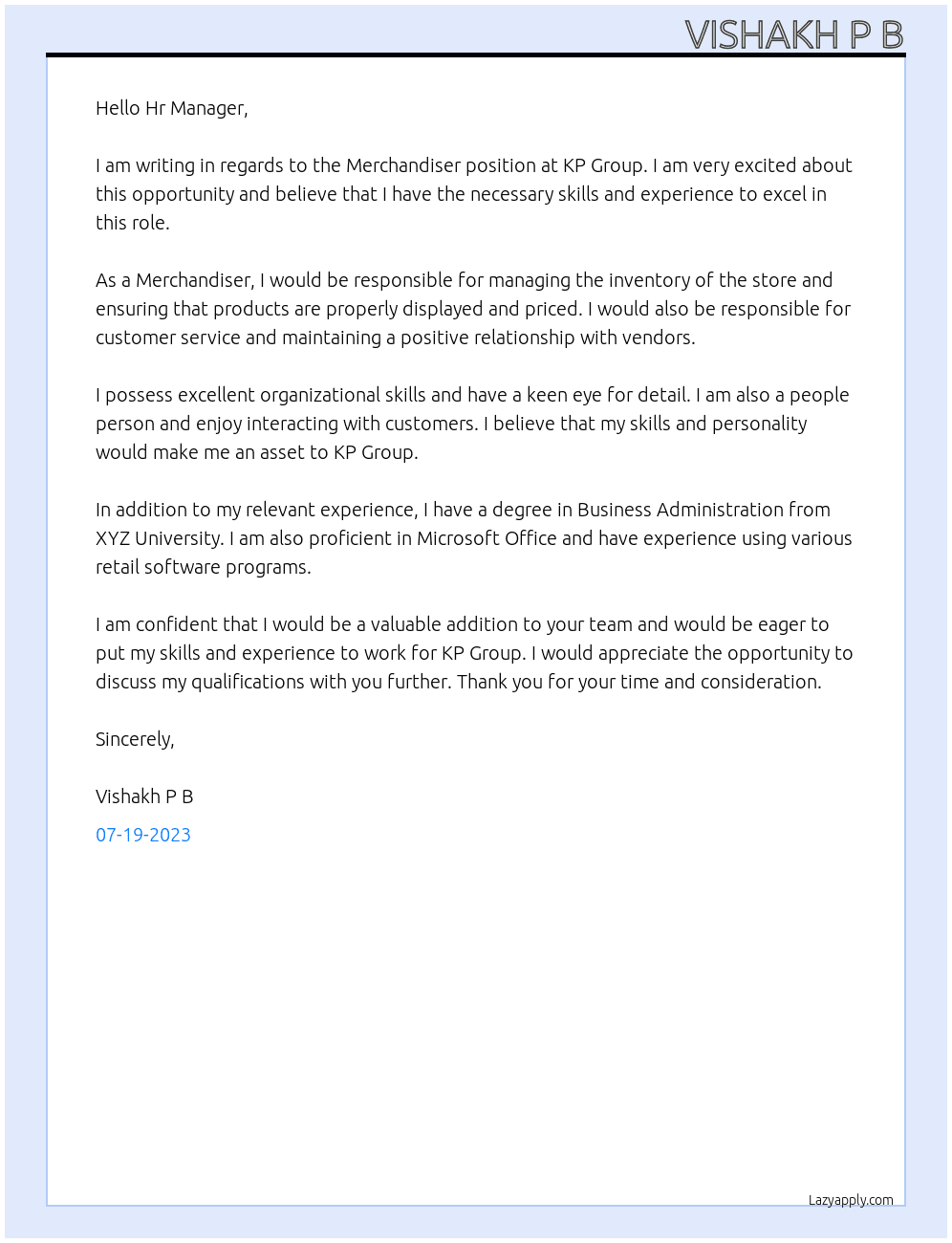 Merchandiser At KP Group Cover Letter
