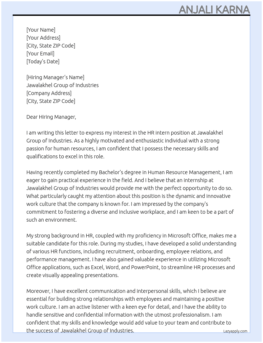HR intern  At Jawalakhel group of industries Cover Letter