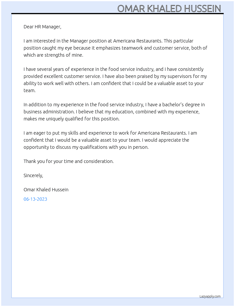Manager  At Americana Restaurants Cover Letter