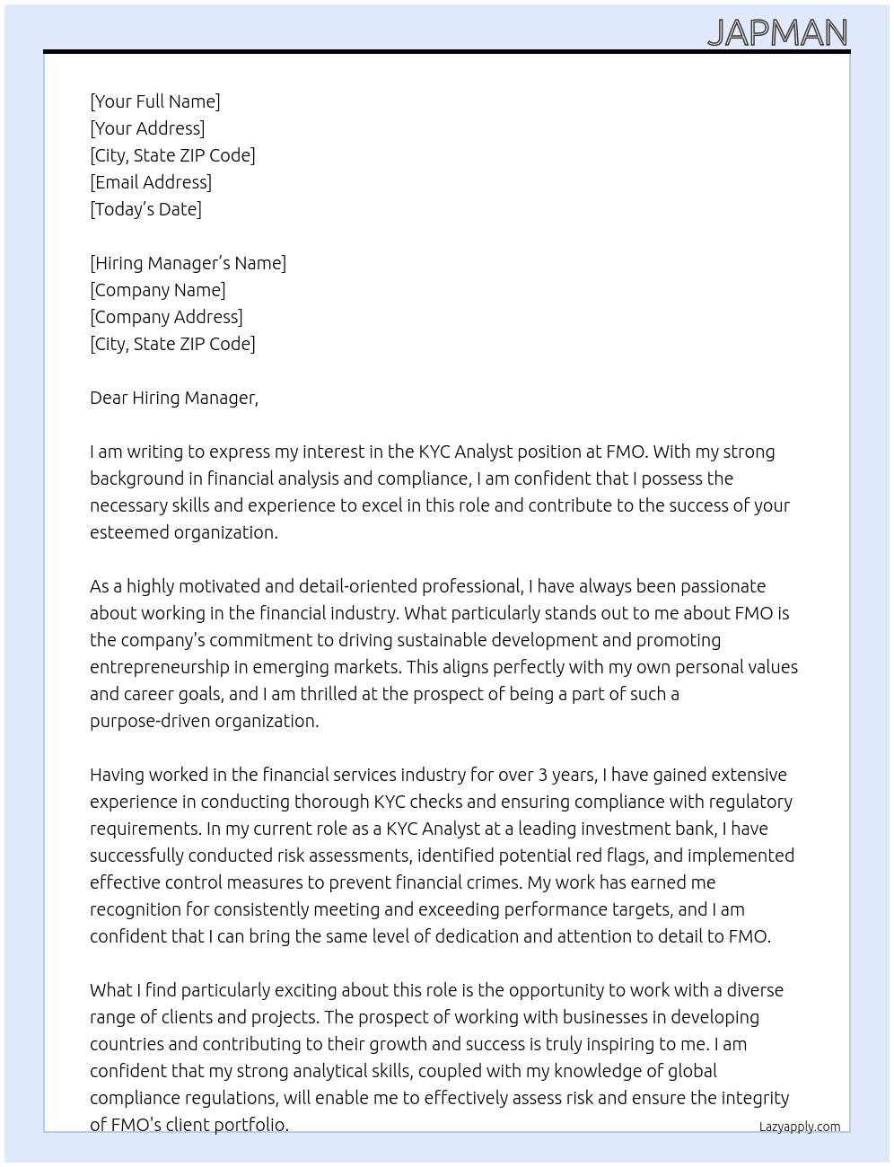 KYC Analyst At FMO Cover Letter