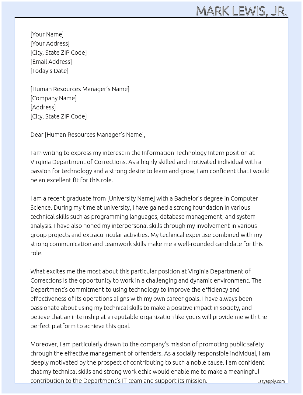 Information Technology Intern At Virginia Department of Corrections Cover Letter