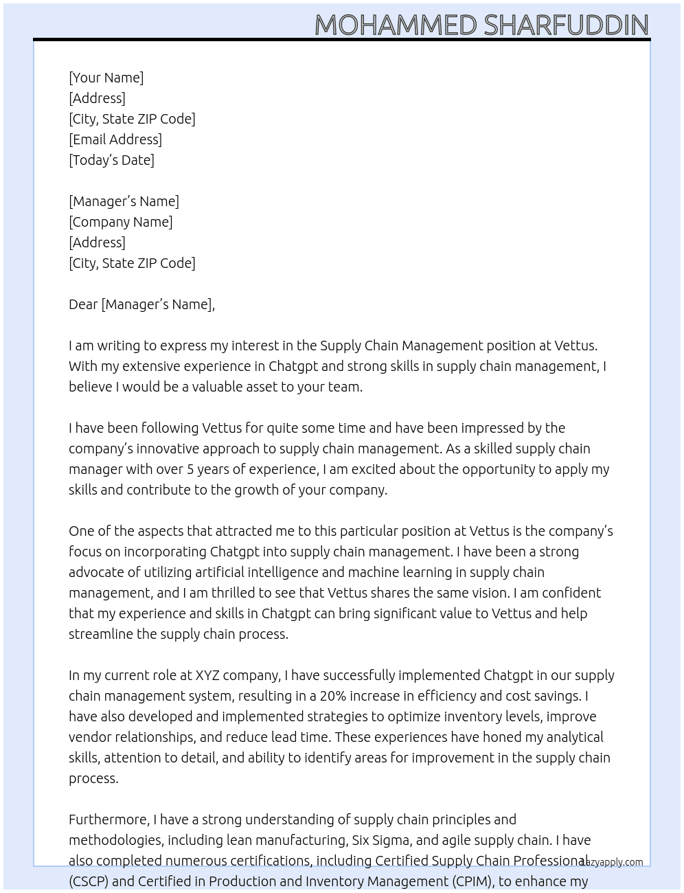 Supply chain management  At Vettus  Cover Letter