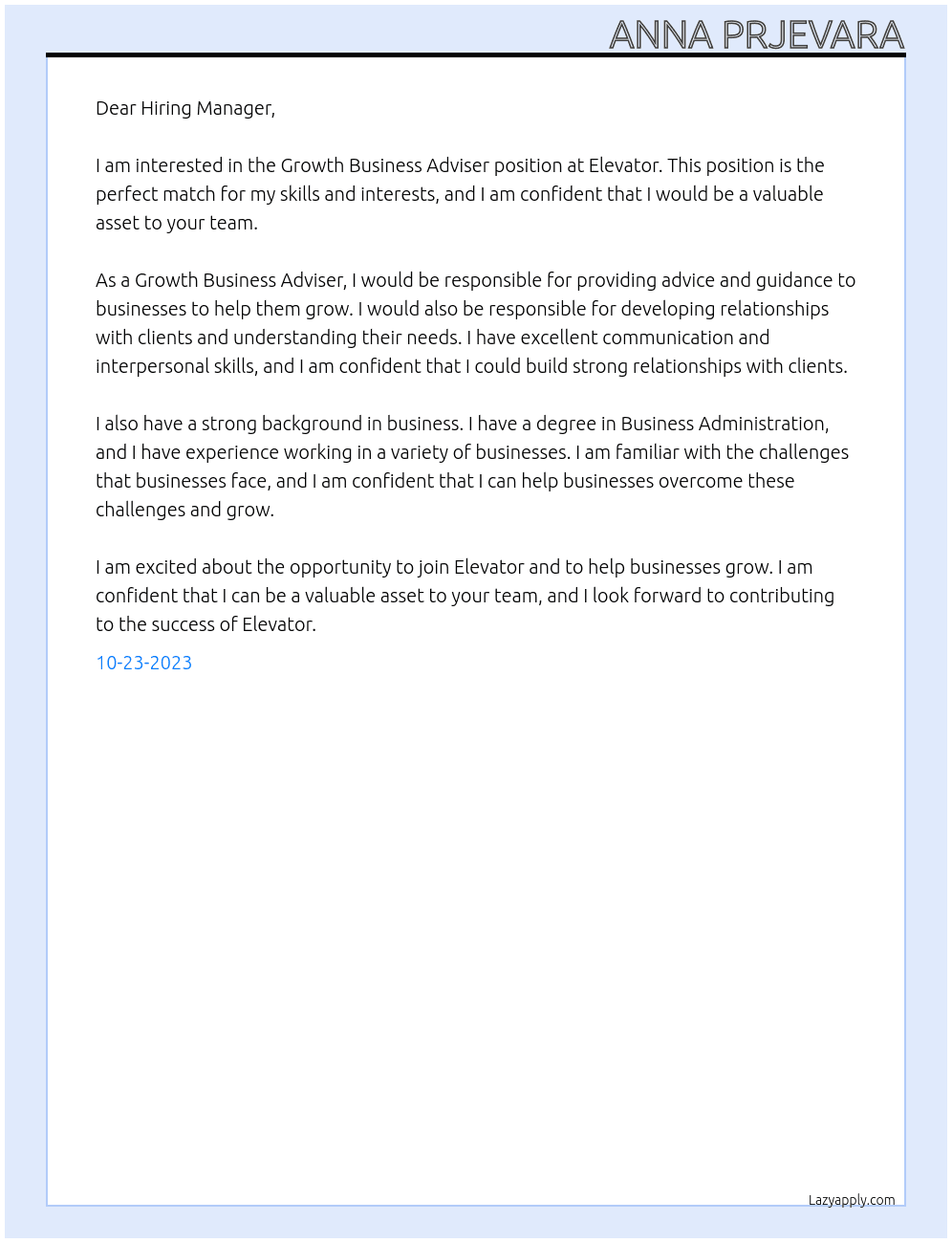 Growth Business Adviser At Elevator Cover Letter